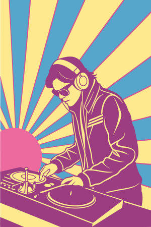 Dj playing music on turntable with sunburst vector illustrationのイラスト素材