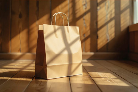 Paper shopping bag on the wooden floor with sunlight and shadow from window.の素材