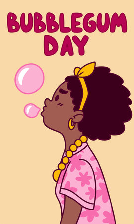 Bubble gum day greeting card with cute African American girl. Vector illustration.のイラスト素材