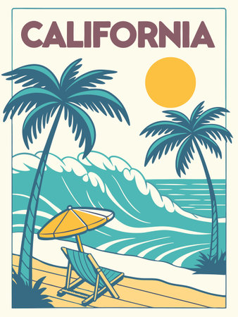California beach poster with palm trees and deck chair. Vector illustration.のイラスト素材