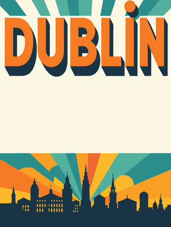 Dublin skyline poster in flat design style with sun rays. Vector illustration.のイラスト素材