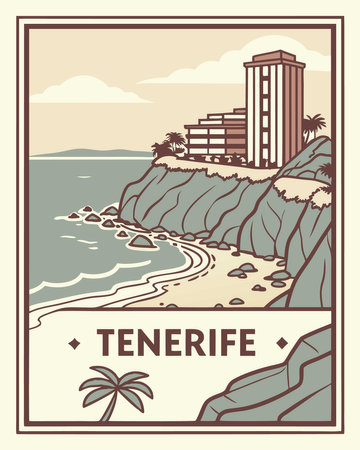 Tenerife poster with beach and skyscraper, vector illustration.のイラスト素材
