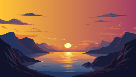 Sunset over the sea. Vector illustration in a flat style.のイラスト素材