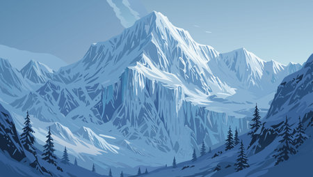 Mountain landscape with snow and pine trees. Vector illustration in blue tonesのイラスト素材