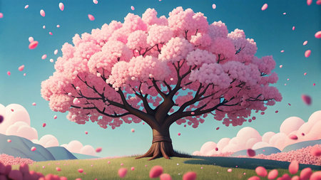 Pink cherry tree with pink flowers in the sky. 3d renderingの素材