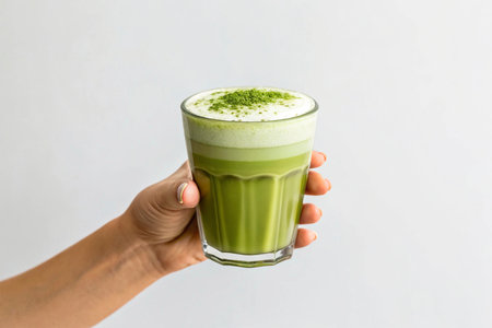 Matcha green tea latte in woman hand on white background.の素材