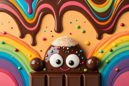 Cute chocolate with sprinkles and donut on rainbow background, top viewの素材