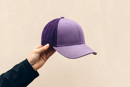 Female hand holding purple baseball cap on white background, close up.の素材