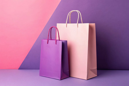 Colorful paper shopping bags on purple and violet background. Minimal concept.の素材
