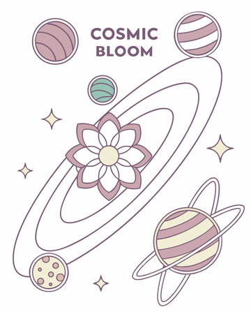 Cosmic planets and flowers in a flat style. Vector illustration.のイラスト素材