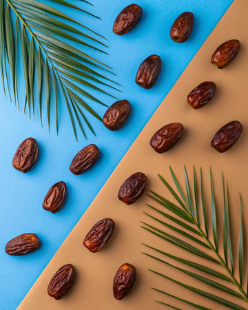 Dates and palm leaves on blue and beige background. Top viewの素材