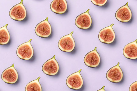 Fresh figs pattern on purple background. Top view. Flat layの素材