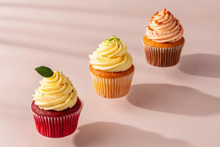Cupcakes with cream cheese frosting and green leaves on pink backgroundの素材