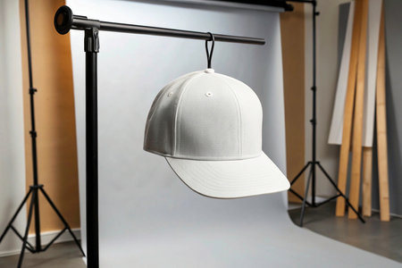 White baseball cap hanging on stand in photo studio. Mockup for designの素材