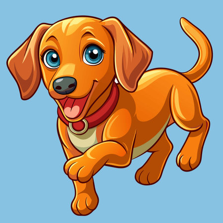 Illustration of a cute cartoon dachshund dog on a blue backgroundのイラスト素材