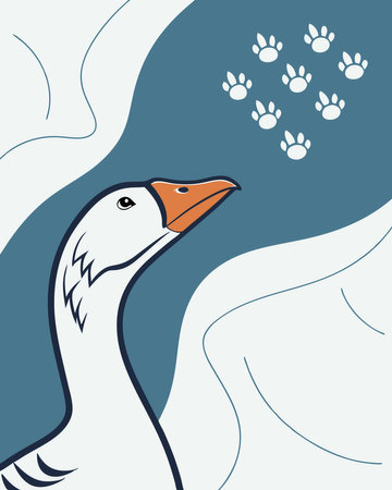 Illustration of a goose with a paw print on a blue backgroundのイラスト素材