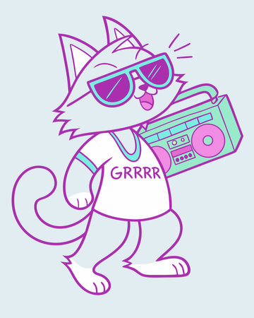 Cute cat in sunglasses with a boombox. Vector illustration.のイラスト素材