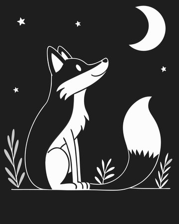 Vector illustration of a wolf sitting on the background of the moon and stars.のイラスト素材