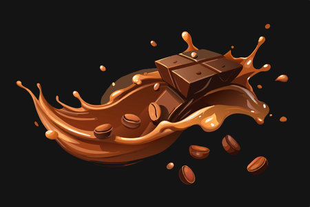 Chocolate splash with coffee beans on black background. Vector illustration.のイラスト素材