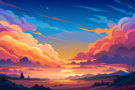 Beautiful sunset on the mountain. Landscape with mountains. Vector illustration.のイラスト素材