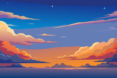 Vector illustration of a sunset over the sea, clouds and sky.のイラスト素材
