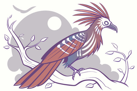 Illustration of a bird on a tree branch with a sunset in the backgroundのイラスト素材