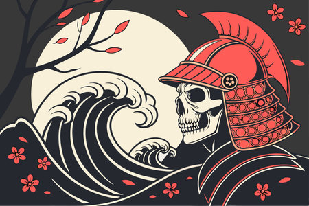 Skull in a hat on the waves of the sea. Vector illustrationのイラスト素材