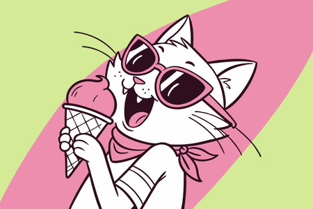 Vector illustration of a cat in sunglasses eating an ice-cream.のイラスト素材