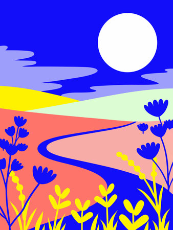 Vector illustration of a landscape with flowers and sun in the background.のイラスト素材