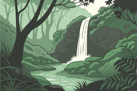 Waterfall in the forest. Vector illustration of a waterfall in the forest.のイラスト素材
