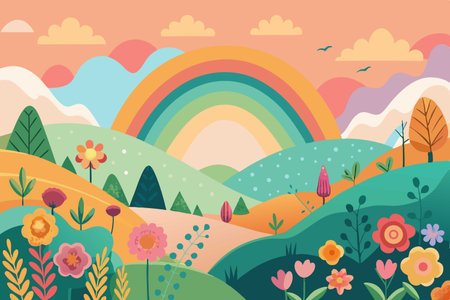 Landscape with flowers and rainbow. Vector illustration in flat style.のイラスト素材