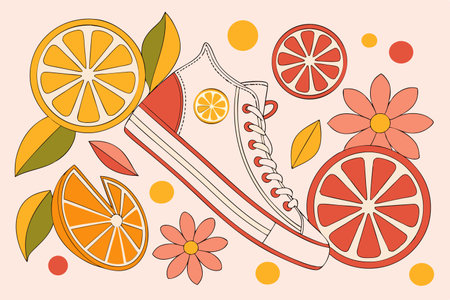 Fruit doodle illustration with lemons, oranges and sneakersのイラスト素材