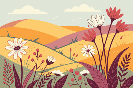 Flowers in the meadow. Vector illustration in flat style.のイラスト素材