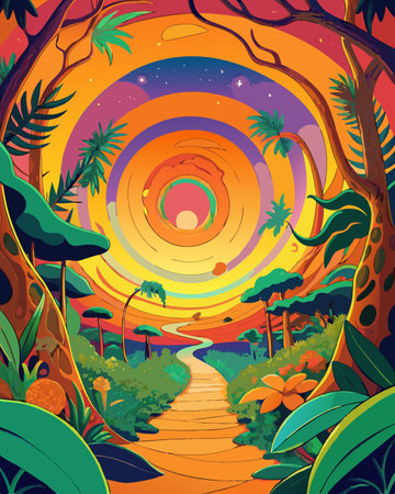 Tropical landscape with palm trees, path and rainbow illustration.のイラスト素材