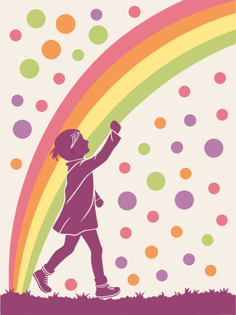 cute little girl playing with colorful dots on rainbow background, vector illustrationのイラスト素材