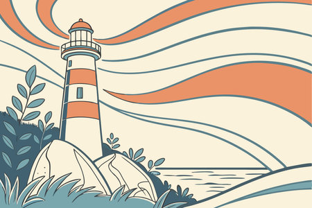 Lighthouse on the seashore. Hand drawn vector illustration.のイラスト素材