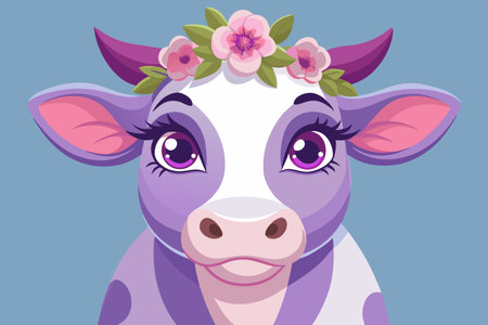 Cute cartoon cow with flowers on her head. Vector illustration.のイラスト素材