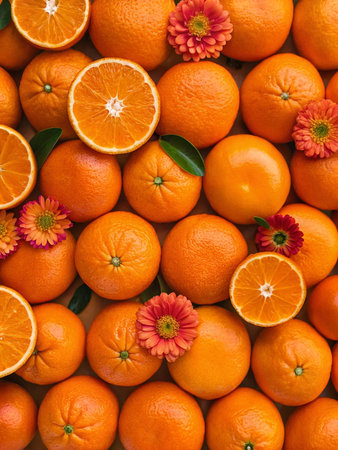 Fresh tangerines with leaves and flowers as background, top viewの素材