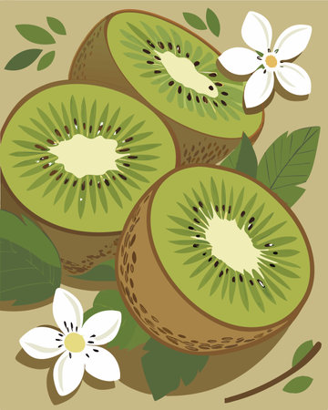 Kiwi fruit with leaves and flowers on a beige backgroundのイラスト素材