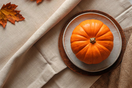 Pumpkin on a plate on a linen tablecloth, top viewの素材