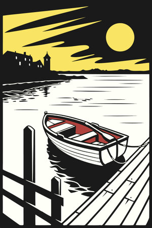 Boat on the lake. Vector illustration of a boat on the river.のイラスト素材