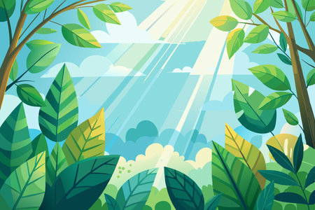 Nature background with green leaves and sun rays. Vector illustration in flat styleのイラスト素材