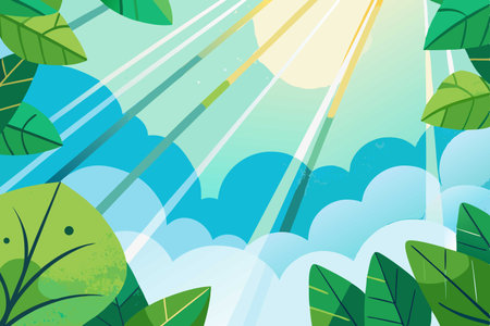 Background with green leaves and sun rays. Vector illustration. Eps 10.のイラスト素材