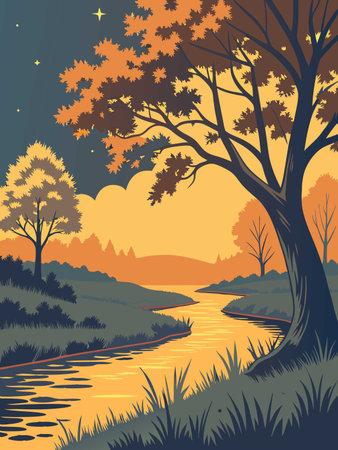 Autumn landscape with river and trees. Vector illustration in flat styleのイラスト素材