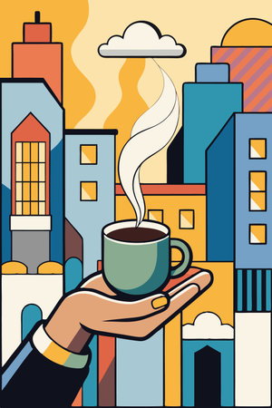 hand holding a cup of coffee over cityscape background. vector illustrationのイラスト素材