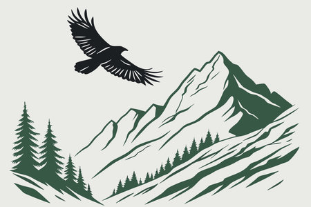 Eagle flying over the mountains, vector illustration in black and white colorsのイラスト素材