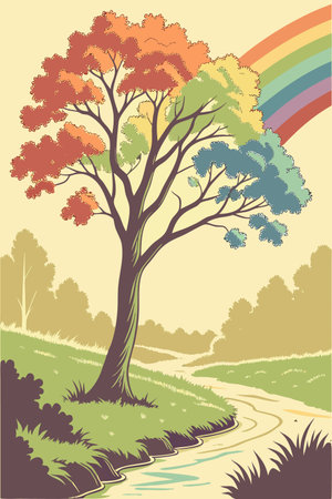 autumn landscape with tree and rainbow, vector illustration in retro styleのイラスト素材