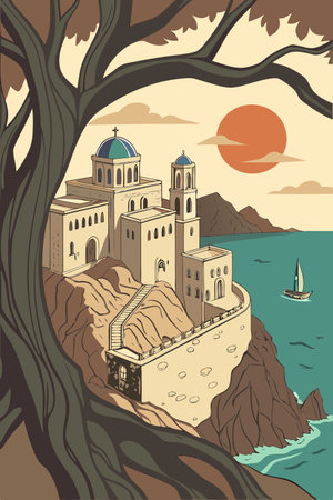 Seascape with a church on the rock. Vector illustration.のイラスト素材