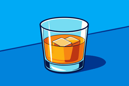 Glass of whiskey with ice cubes on blue background. Vector illustration.のイラスト素材