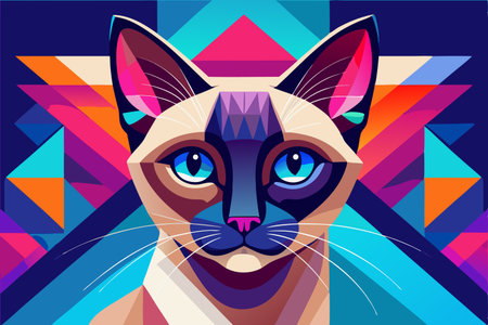 Siamese cat on abstract colorful geometric background. Vector illustration.のイラスト素材